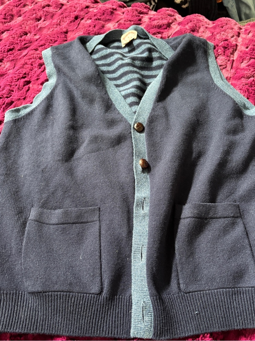 Brooks Brothers Men's large Navy Knit Button-Up Vest with Slate Trim